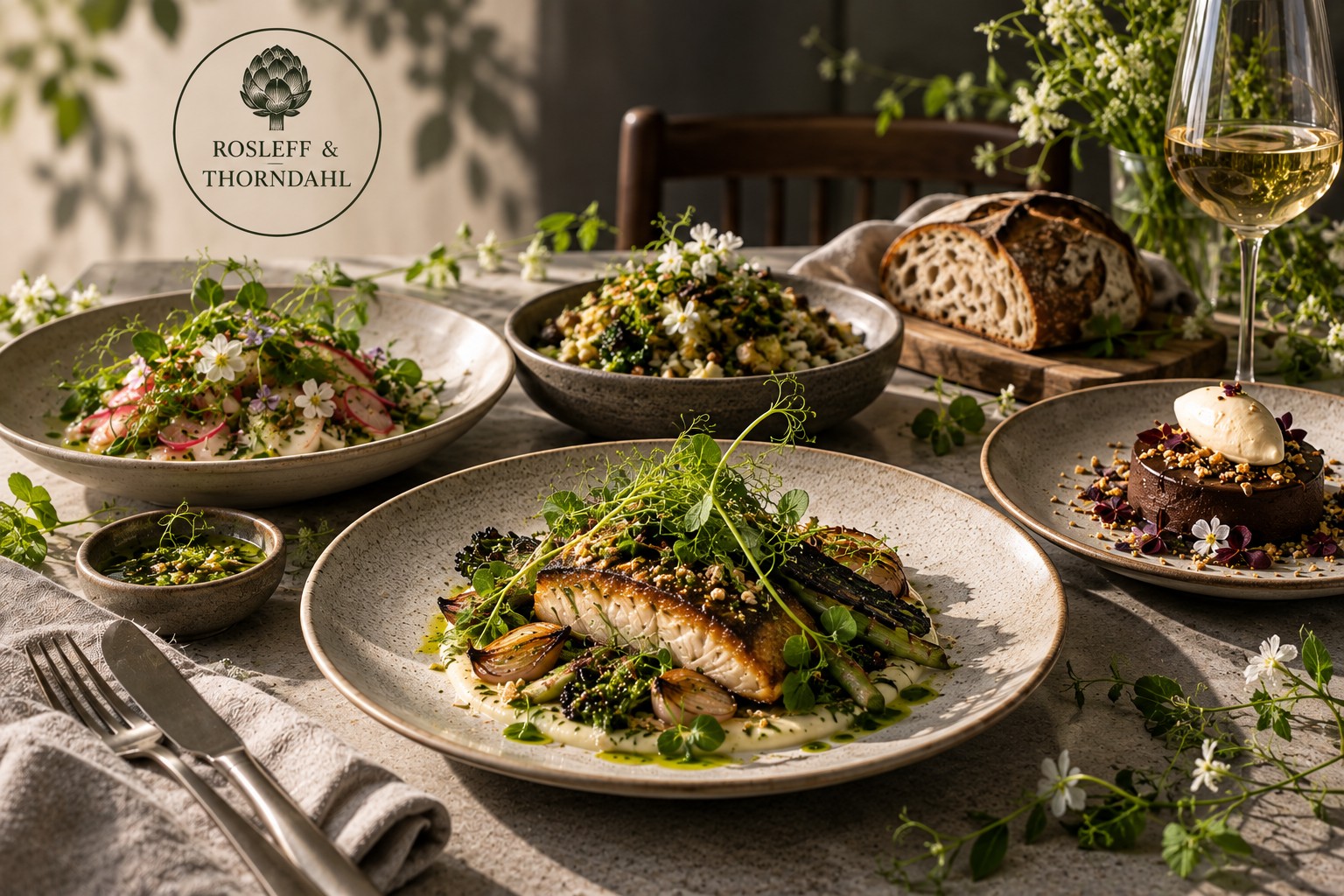 Buffet med sæsonens salater, grøntsager, brød og varme retter fra Rosleff & Thorndahl