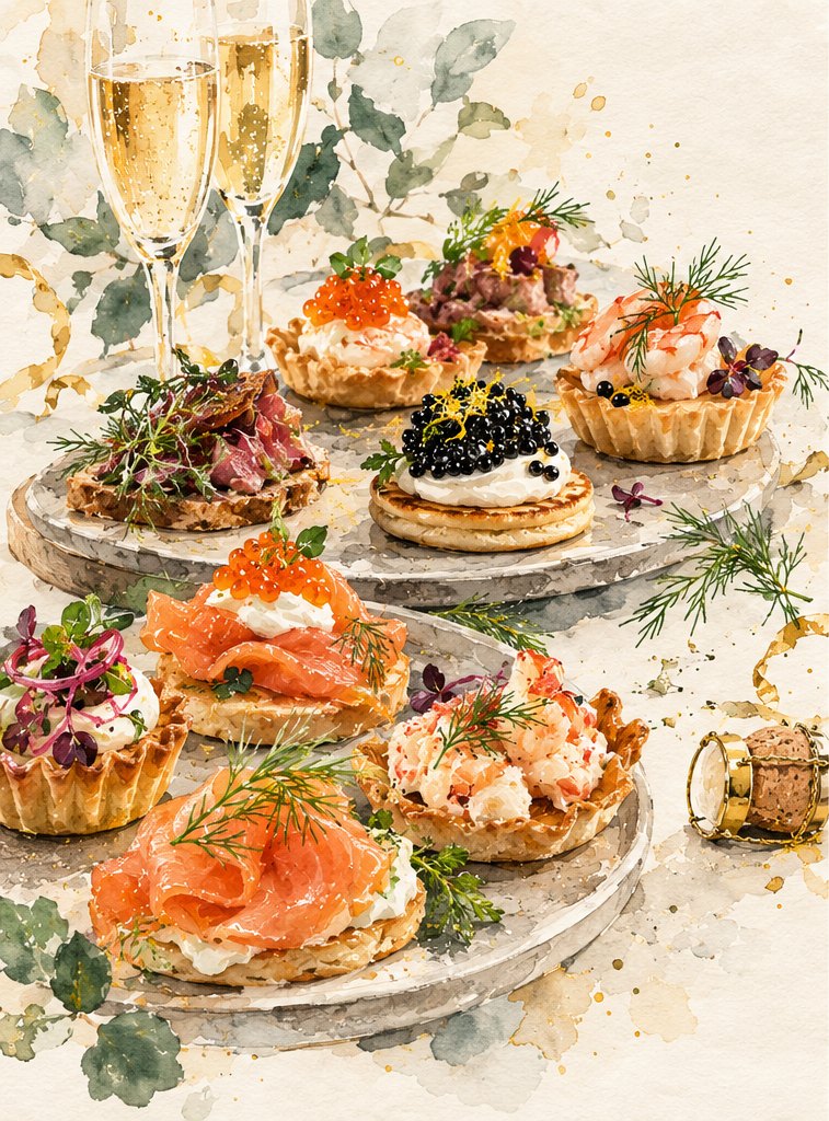 Nytårssnacks med laks, rogn, rejer og champagne